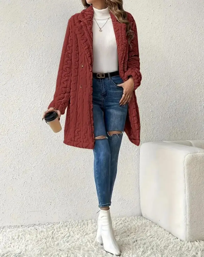 Casual Winter Jacket Woman 2024 Solid Color Collar Wired Texture Double Breasted Wool Long Sleeve Coat Coral Velvet Long Coats