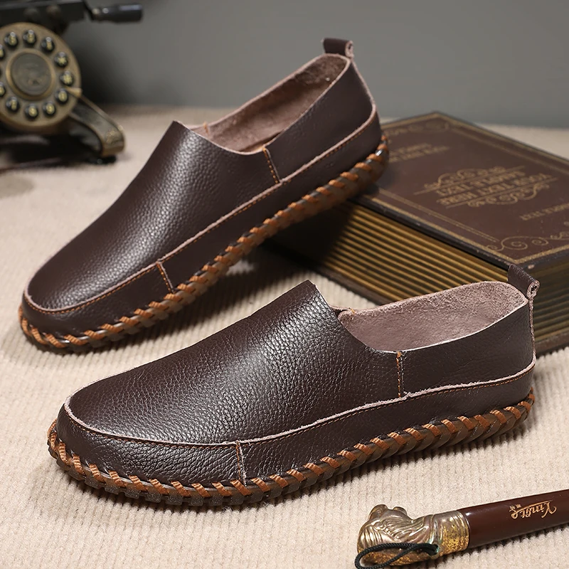 

British Style Men Casual Leather Shoes Retro Low Top Soft Leather Breathable Lightweight Daily Office Outdoor Formal Walking