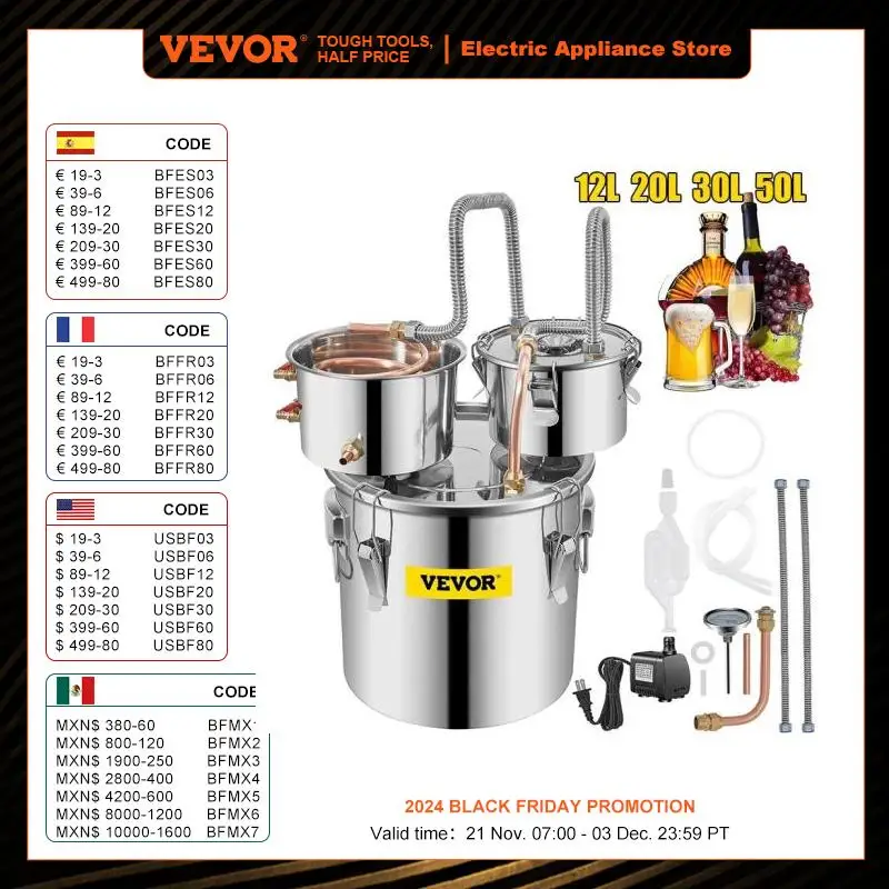 VEVOR 12L 20L 30L 50L Alcohol Brewing Distiller DIY Moonshine Apparatus Stainless Steel Still Whisky Beer Brandy Home Appliance