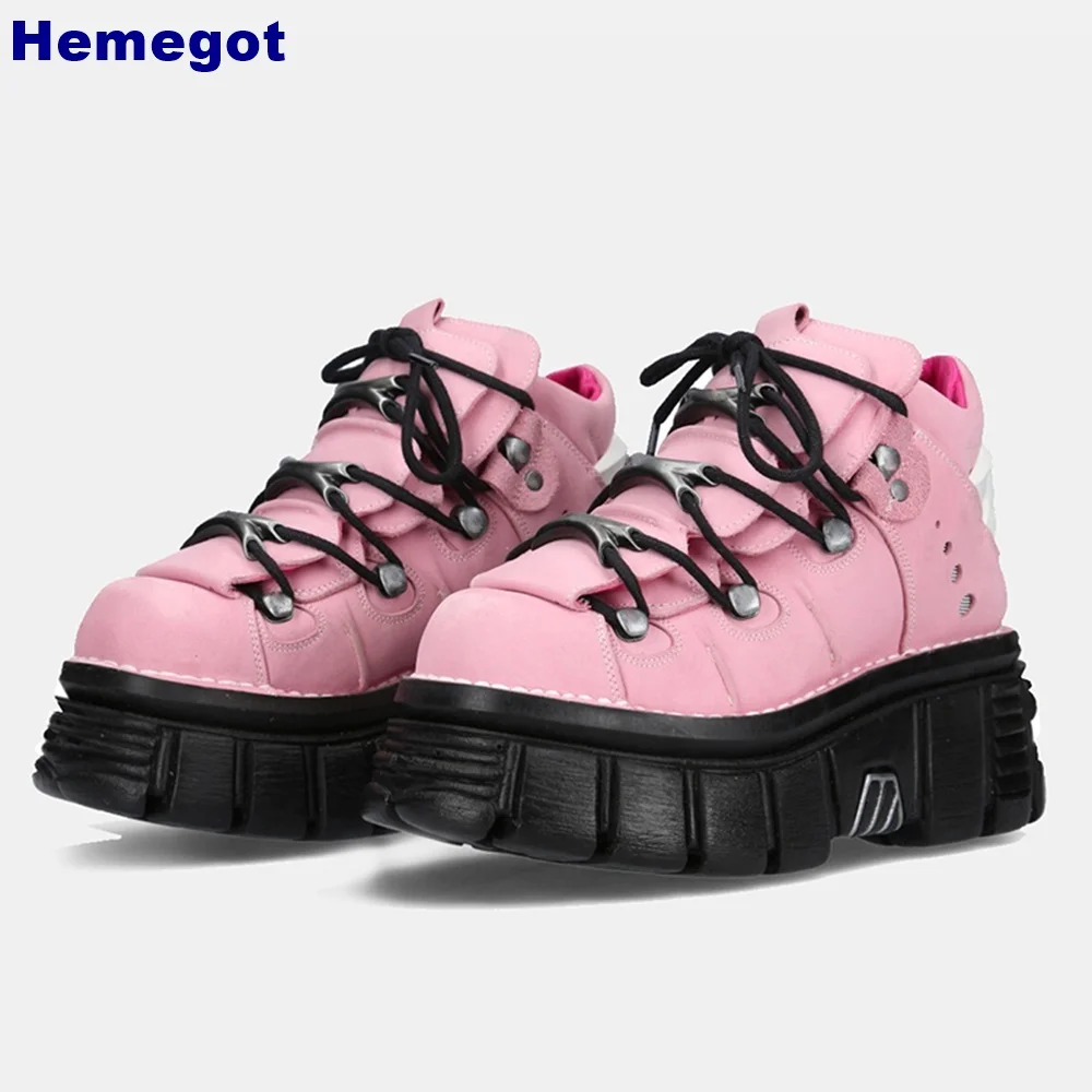 Pink Platform Cyberpunk Rivet Motorcycle Boots ​​new Rock Cool Girl Lace Up Short Boots Fashion Women Street Sports Casual Shoes