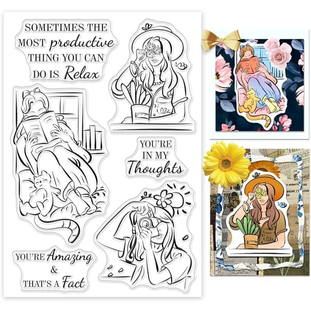 Lovely Woman Clear Stamp Flowers Book Words Transparent Silicone Stamp Happy Holiday Rubber Stamp for Scrapbook Journal Card