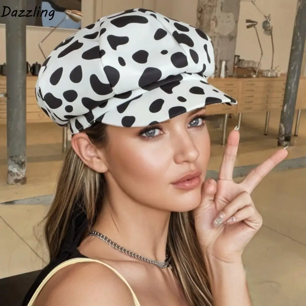 

Vintage Spot Leopard Print Octagonal Hat Y2K British Painter Hat Polyester Korean Style Women Beret Travel