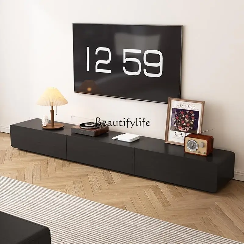 

Small apartment Italian TV cabinet living room black minimalist floor light luxury