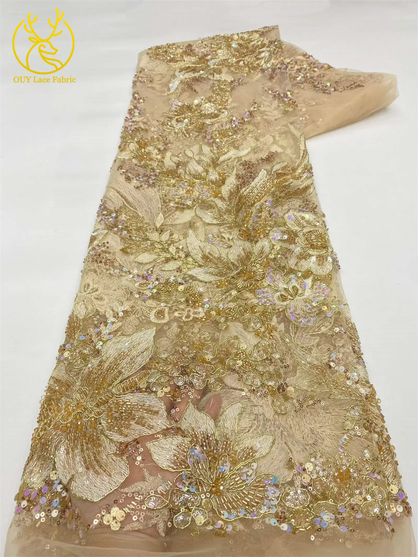 Eleganter Tüll-Spitzenstoff mit Pailletten und Blumenstickerei, afrikanischer handgefertigter Perlen-Mesh-Spitzenstoff zum Nähen von Abendkleidern, 5 Yards – Detail 5