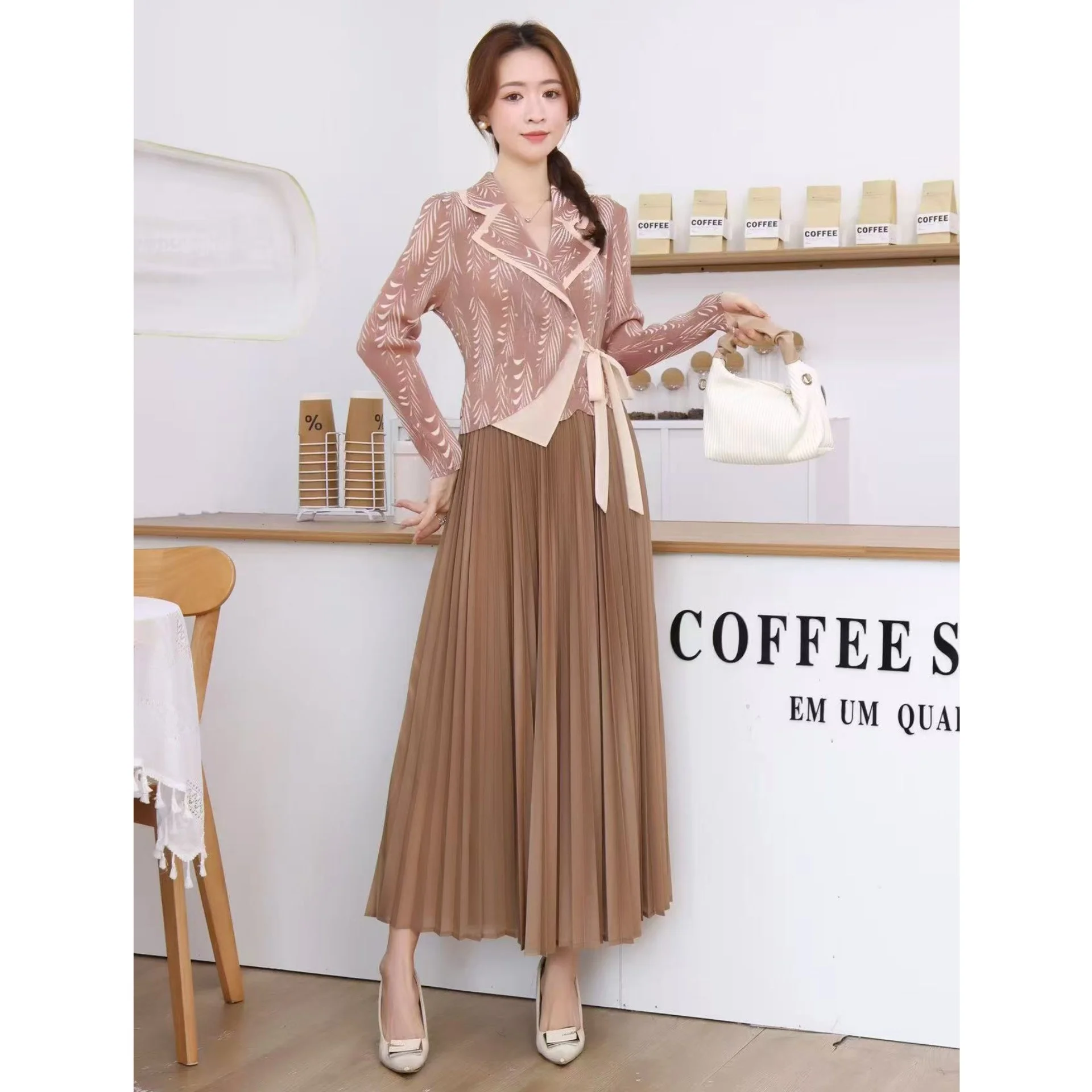 Ele Spring Wrap Dr con pliegues y pajarita Falda falsa de dos piezas Cintura elástica Poliéster Alto estiramiento para todas las estaciones Dr