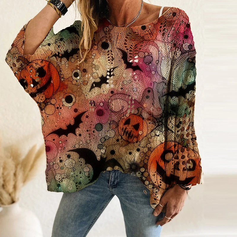 Fashion Halloween Sweater Women Pumpkin And Bat Printed Long Sleeve Loose Knitted Sweaters For Women Casual Jumper Pullover Tops