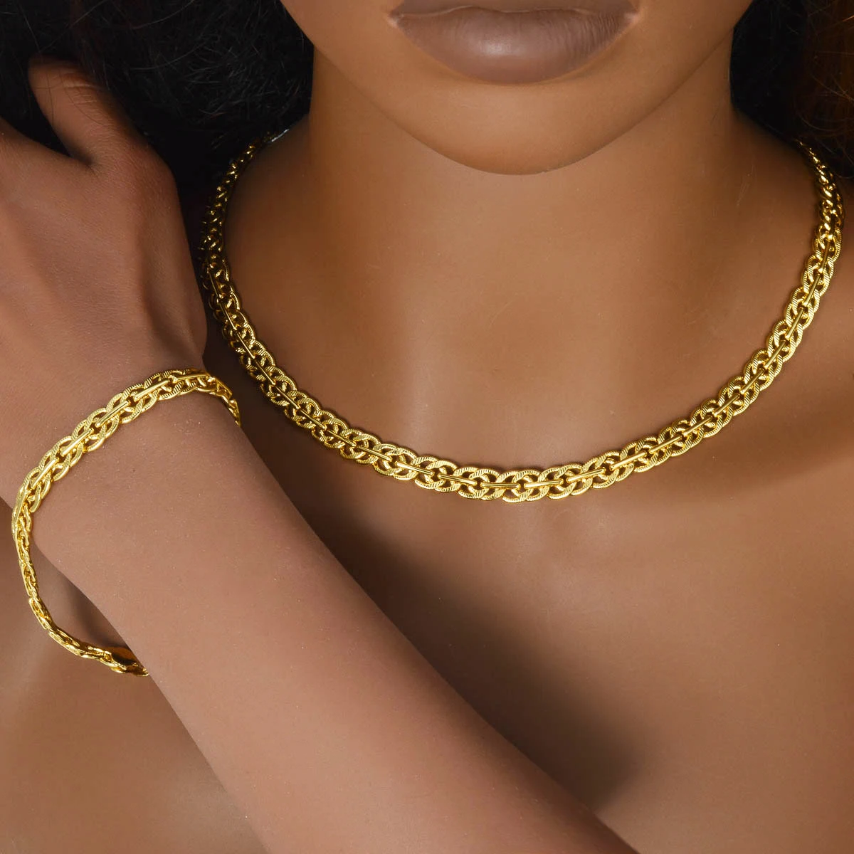 18K Gold Plated Byzantine Chain Jewelry Set Women Necklace Bracelet African Dubai Bridal Wedding Daily Party Copper Jewelry Gift