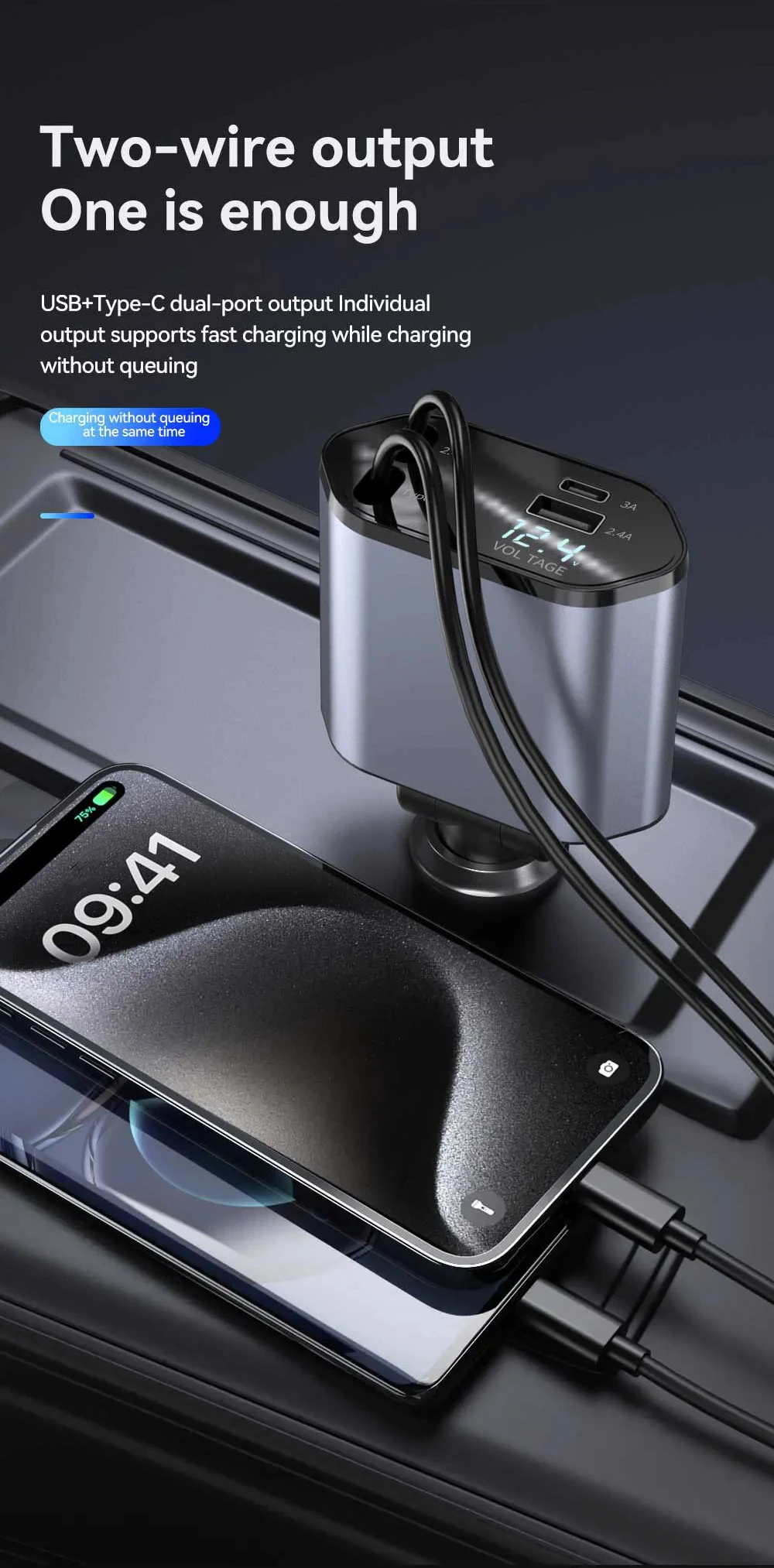 4-in-1 Einziehbares Auto-Ladegerät 120W USB-C Auto-Ladeadapter mit 2 USB-Anschlüssen für iPhone 16 15 Samsung – Detail 6