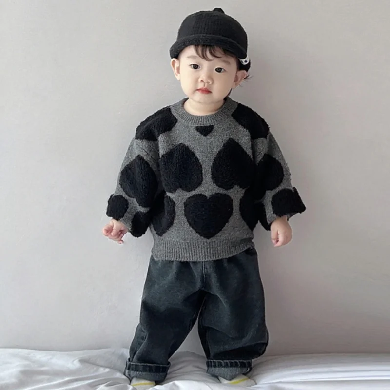 Boys Woolen Sweater Jacket Cotton Windbreak 2025 Scoop Plus Thicken Autumn Winter Outwear Christmas Warm Children's Clothing