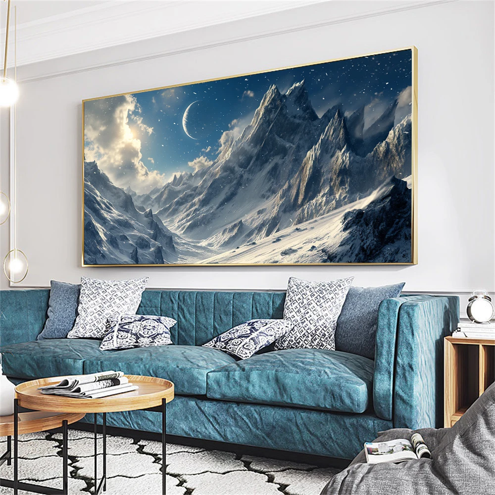 Modern Mountain Landscape Poster Winter Snowy Print Nature Village Landscape Stars Over Mountain Clouds Lake Art Canvas Painting