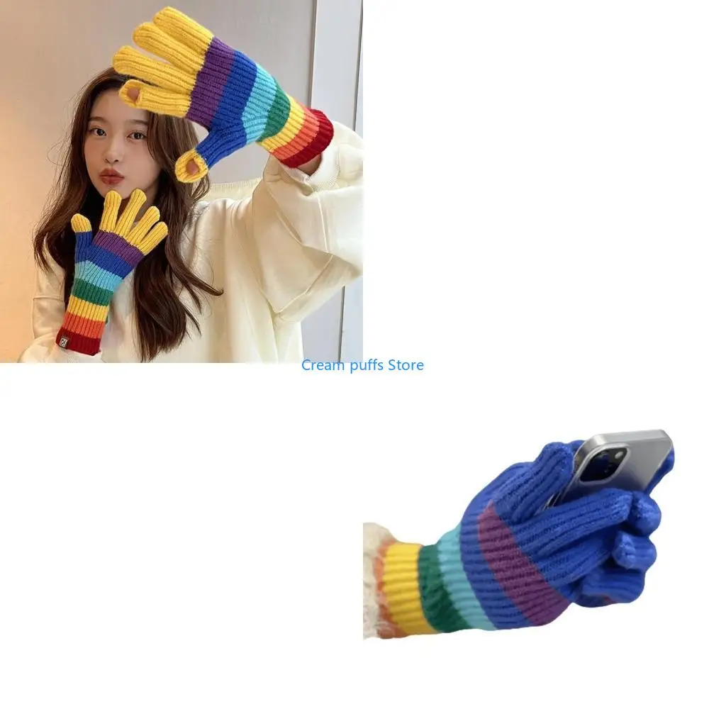 50LE Girls 2 Finger Touch Gloves Full Finger Warm Mittens with Rainbow Color Striped Mittens for Women Winter Supply