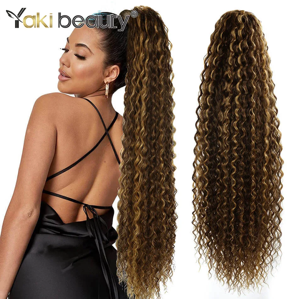 32inch Synthetic Curly Drawstring Ponytail Super Soft Long Kinky Curly Hair Organic Chip-In Hair Extension Water Wave Pony-Tail