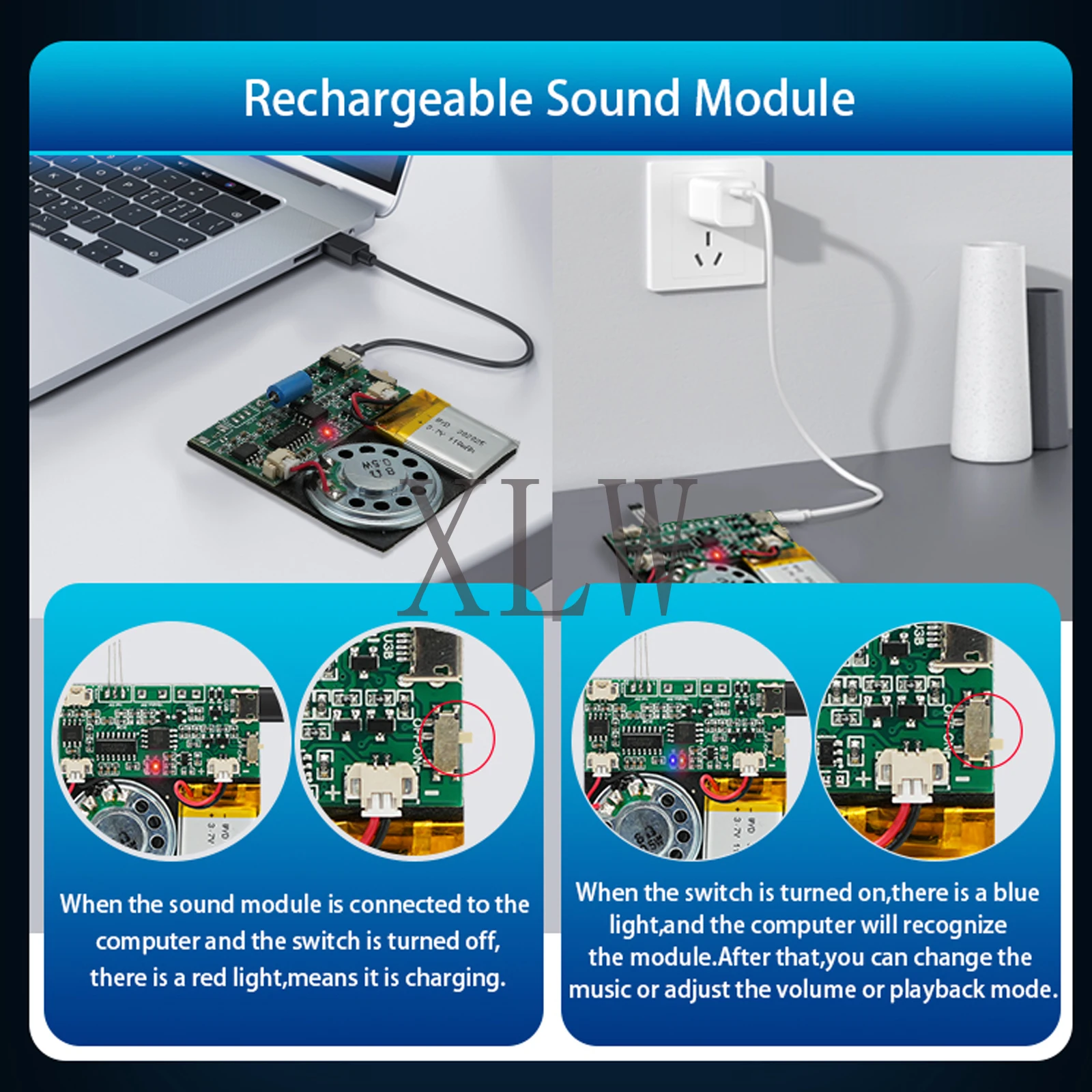 8MB Vibration Activate Mode MP3 Music Player IC PCB Sound Module, USB Downloadable&Recordable Voice Chip for Xmas Greeting Gifts