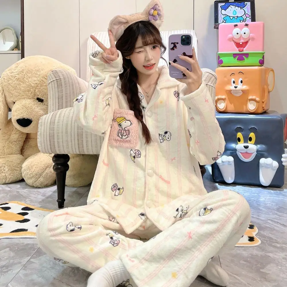 Anime Snoopy Girls 2Pcs Plush Pajama Set Cartoon Winter Women Coral Fleece Homewear Suit Winter Thicken Girls Warm Nightwear