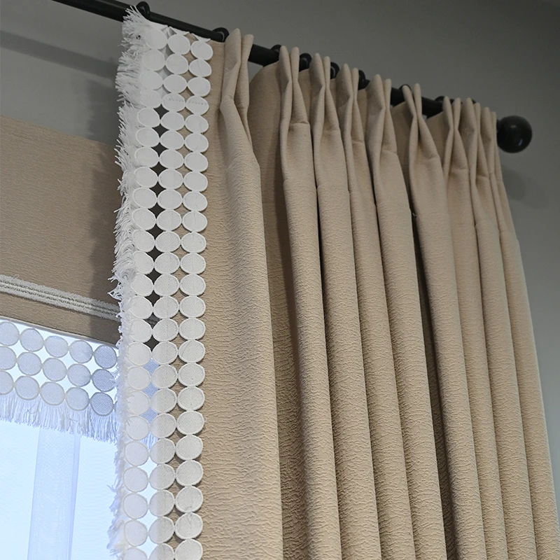 Cream Jacquard Thickened Chenille Feather Lace Curtains for Living Room Bedroom Balcony French Window Customized