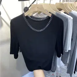 Round Necked Iron Chain Short Sleeved T-shirt Bottom Top Women's Clothing 2024 Summer New Versatile Outerwear Ins Top