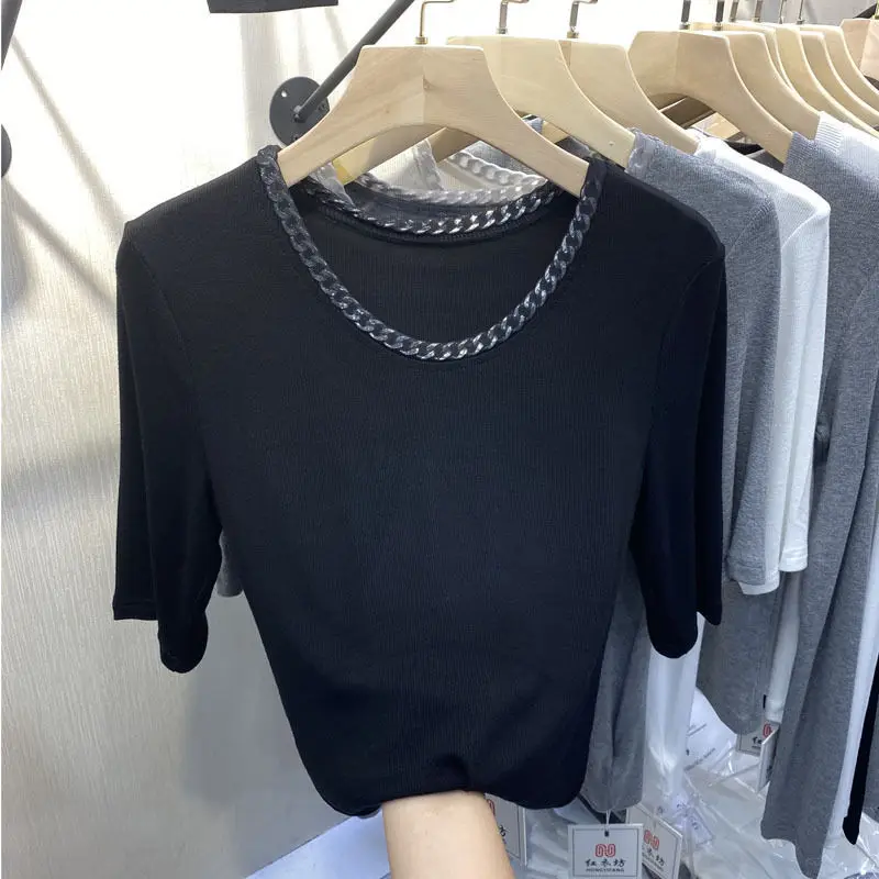 Round Necked Iron Chain Short Sleeved T-shirt Bottom Top Women's Clothing 2024 Summer New Versatile Outerwear Ins Top