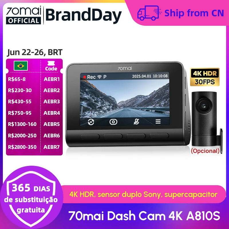 Câmera Veicular 70mai Dash Cam 4K A810S HDR IMX678 Supercapacitor 4G LTE Controle Remoto Wi-Fi 6 Controle por Voz GPS ADAS