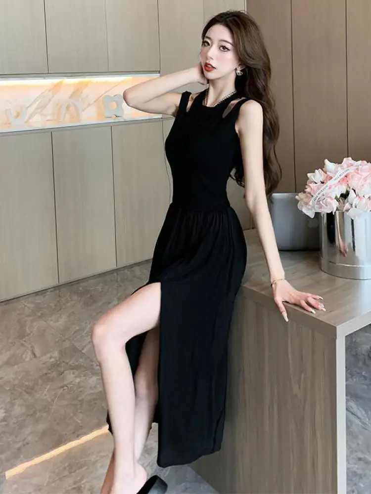 Zwart Elegant Vest Split Jurken Zomer Mouwloze Kleding Voor Vrouwen Vakantie Strandavond Feestjurk Vestidos Dames Mode