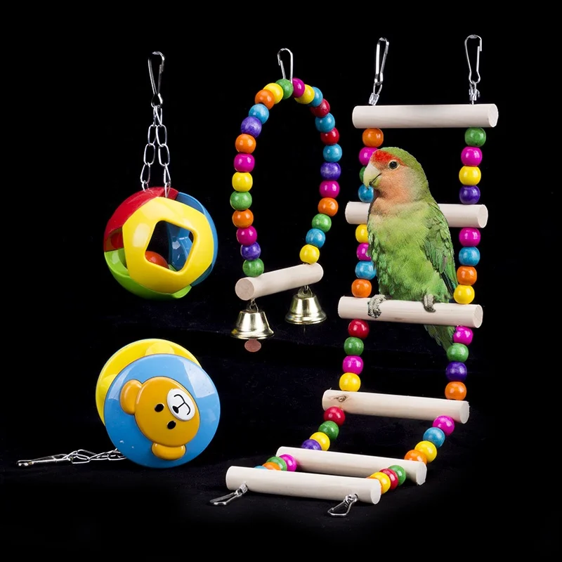 Wooden bird hanging toy Bird chew toy Parrot Canary swing ladder ball toy set