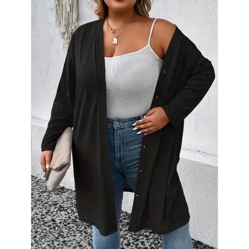 Spring 2024 Autumn Cardigan Top New Women Solid Color Long Sleeve Baggy Coat Women Fashion Single-Breasted V-neck Large Coat Top