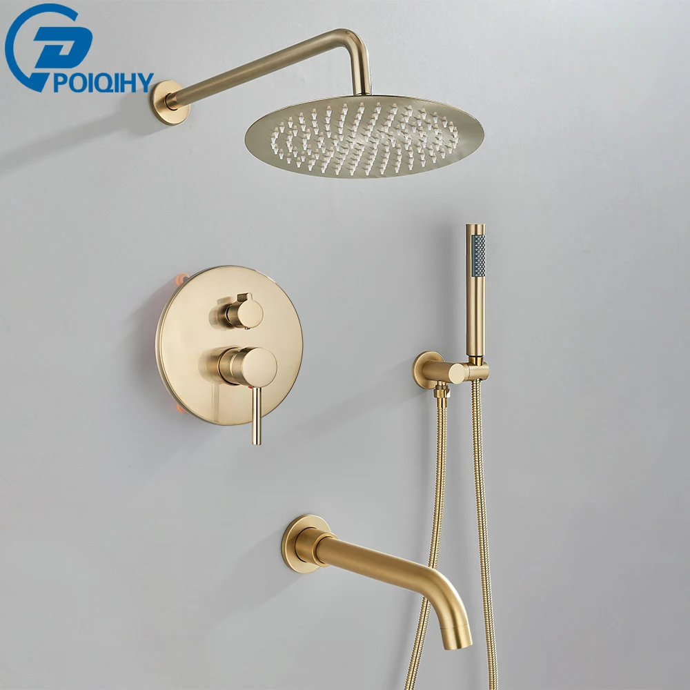 POIQIHY Brushed Gold Shower Faucet Embedded In Shower Mixer Tap Wall Mounted Bathroom Rainfall Shower Tap Set Brass 3-ways