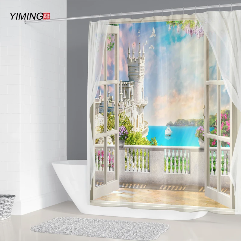 Various landscape imitation window designs, shower curtains, hanging hooks, home decoration  washable and waterproof