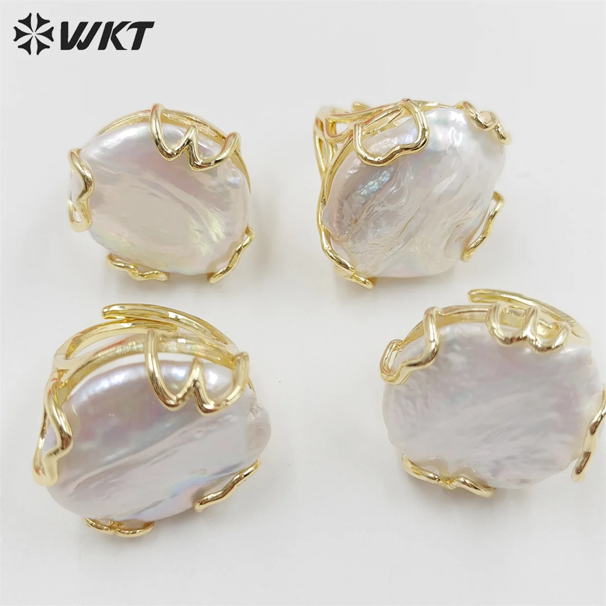 

WT-MPR044 WKT Exclusive Gorgeous Handmade Claw Setting Natural Freshwater Pearl Ring Open Size Round Coin Jewelry Findings