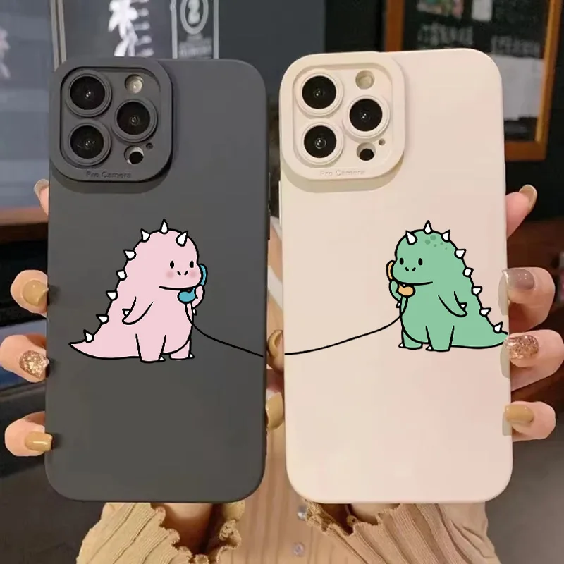 Cute Cartoon Green Dinosaur Couple Phone Case For iPhone 16 11 12 13 14 15 Pro Max Mini X XS Max XR 7 8 Plus Funny  Soft Cover