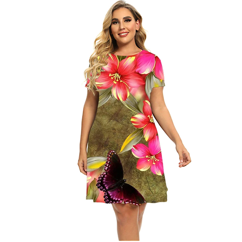 Roślina kwiaty Morning Glory 3D Print kobiety sukienka elegancka Casual krótki Sleee sukienka trapezowa 2023 lato odzież Plus Size Sundress