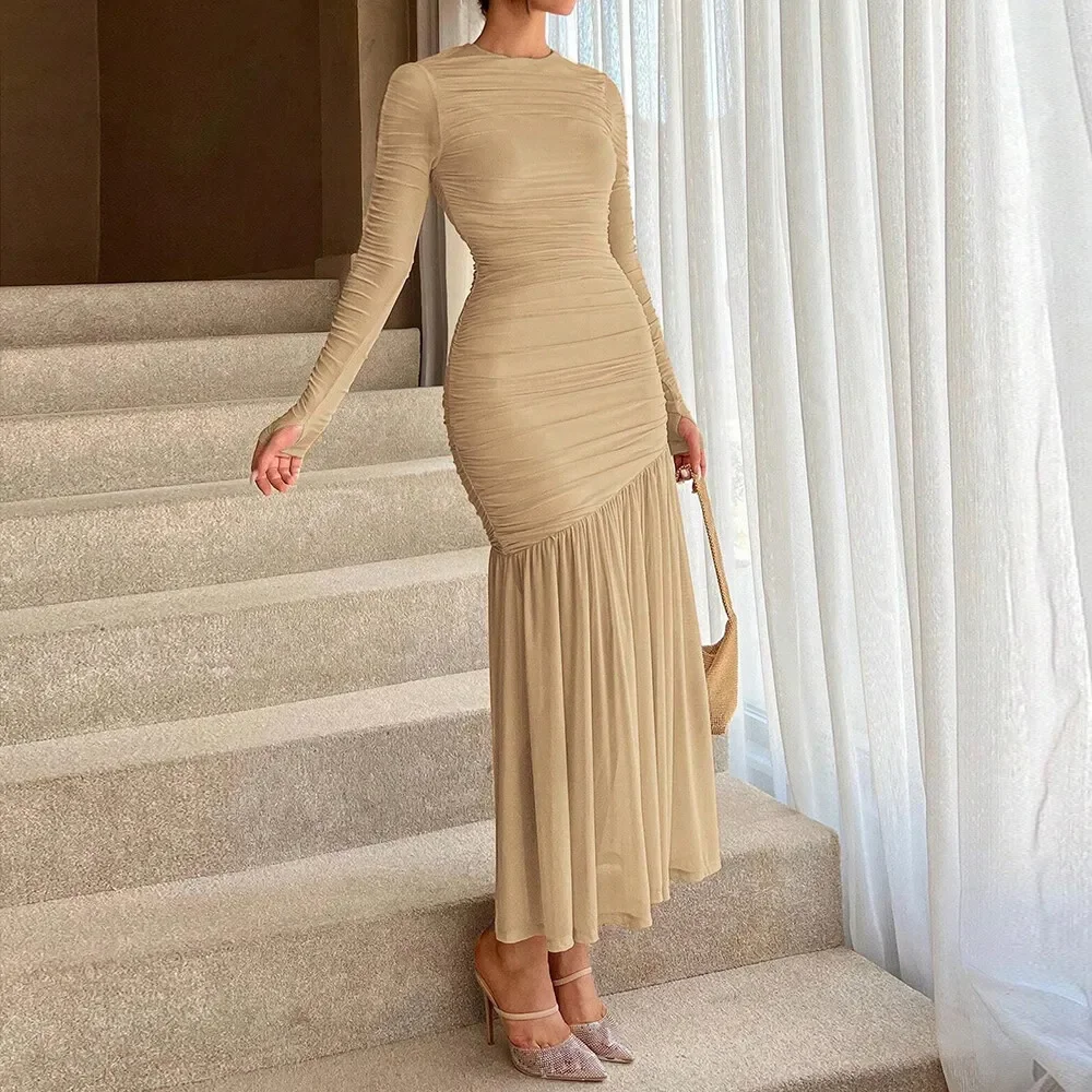 

Women's Dresses All Season Elegant French Fringe Waist In Design Long Sleeve Crew Neck Lettuce Trim Anniversary Dres