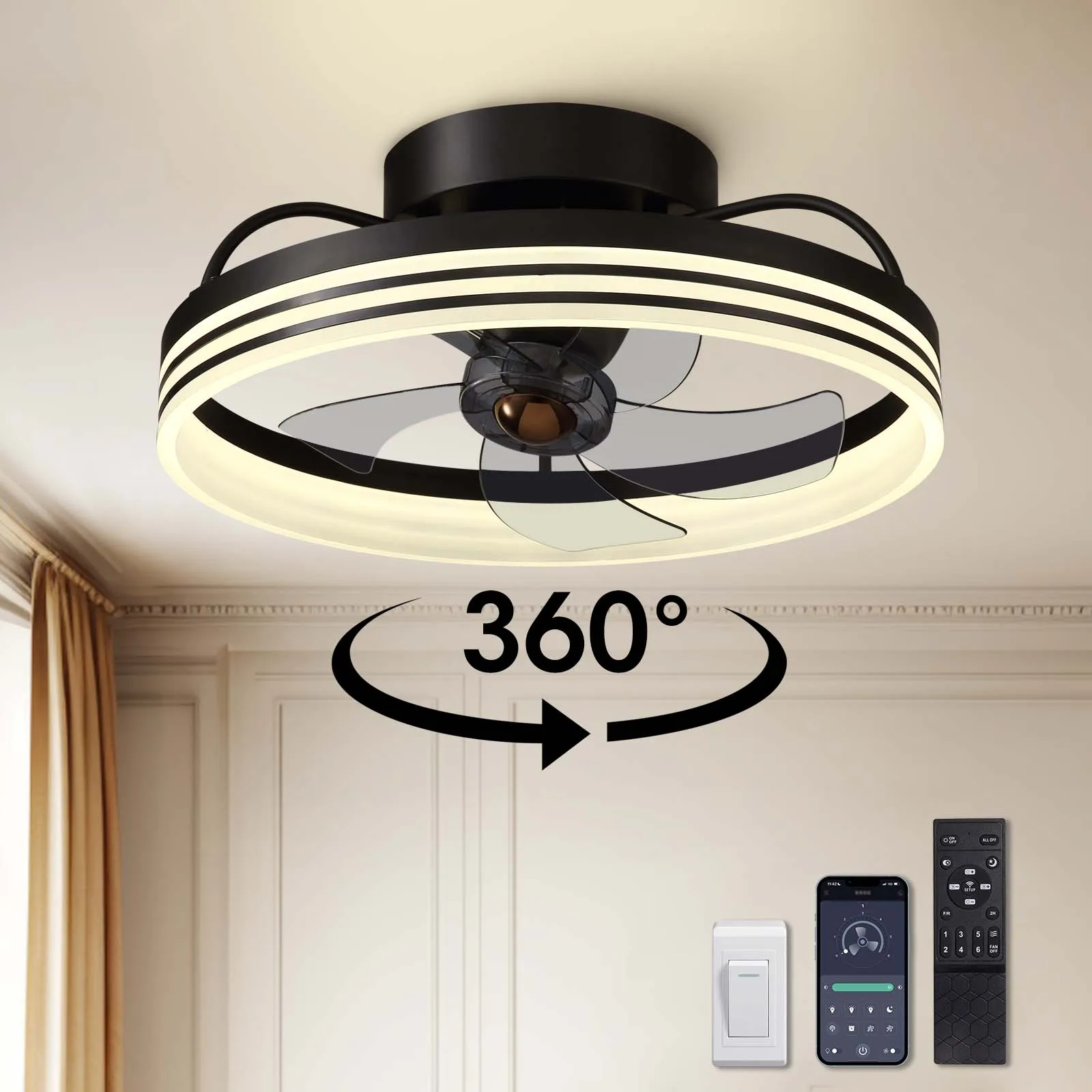 

Silent fan light with remote control adjustable 6-speed wind speed 110-220V energy-saving indoor ceiling fan, capable of shaking