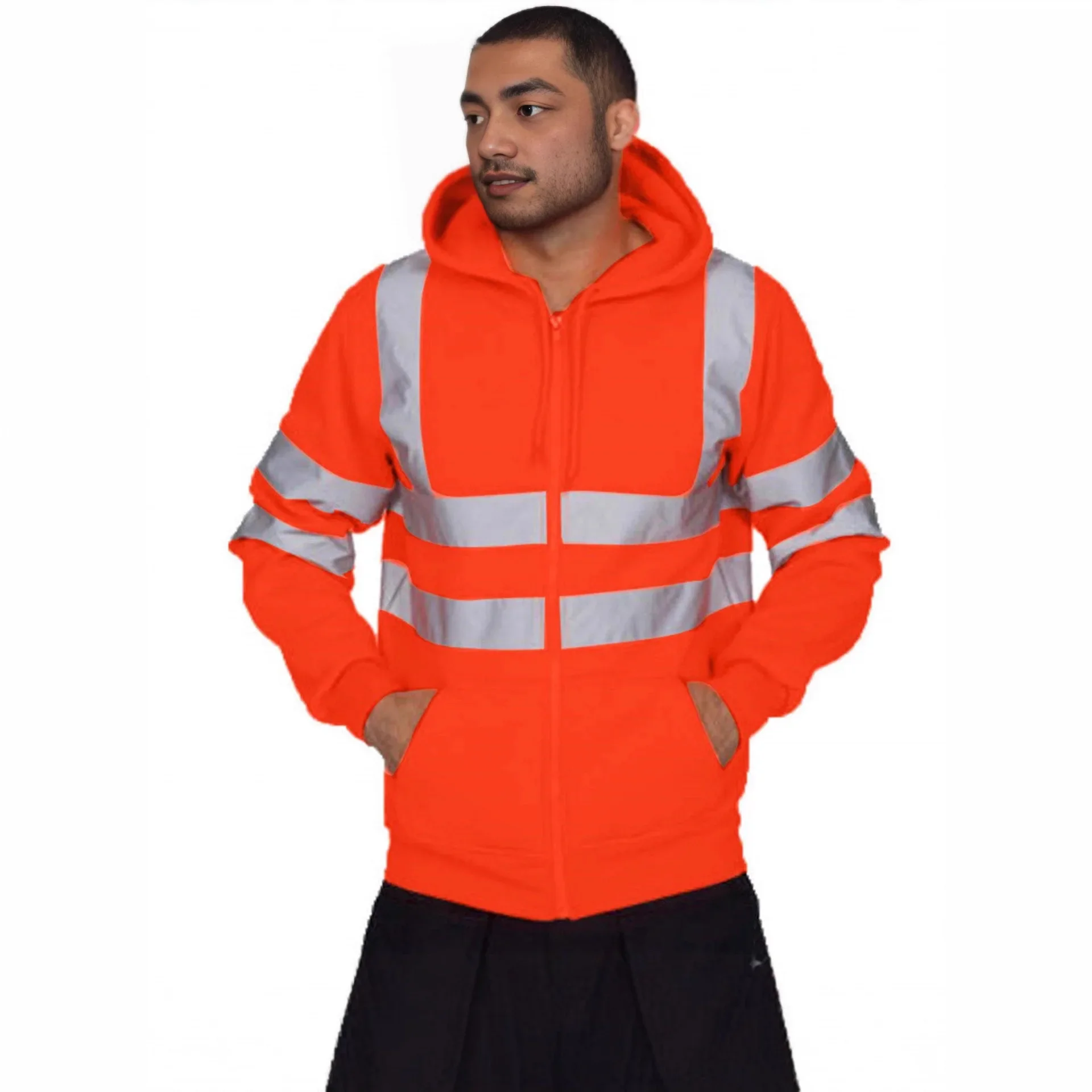 سويت شيرت رجالي مبطن بالصوف بسحاب عاكس وشريط عاكس كاجوال فضفاض مناسب ملابس خارجية مع جيوب نمط ملابس الشارع