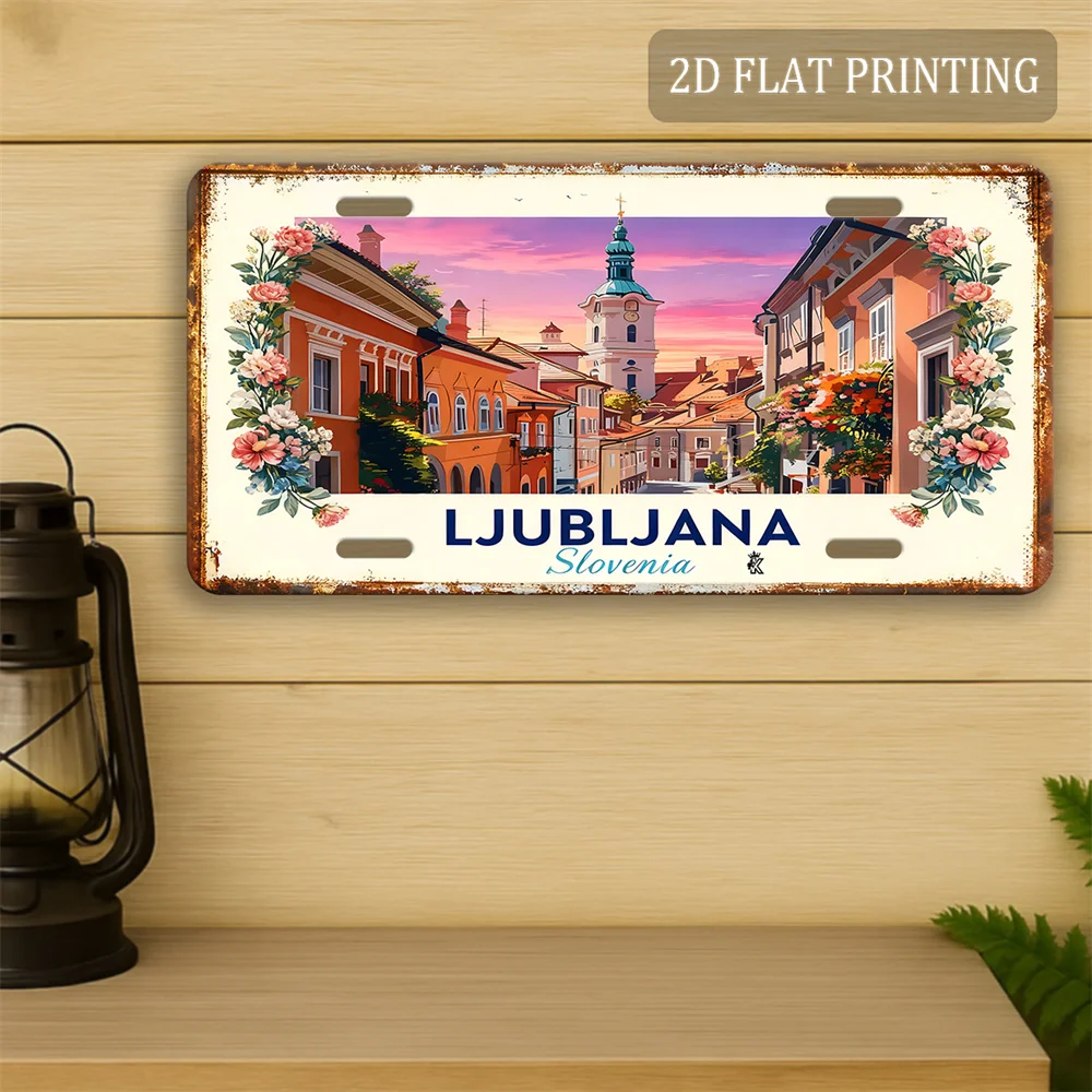 2D Flat, 1pc Large Retro Slovenian Alps Wall Art - Ljubljana Castle, Ljubljanica River & Slovenia Map Plate | Wall-Mountable Sig
