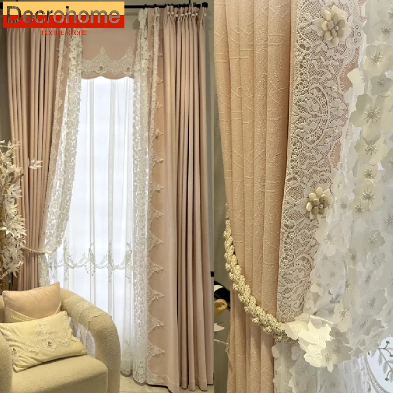 High End Customized Pink Jacquard Cotton Velvet Thickened Lace Patched Curtains for Living Room Bedroom French Window