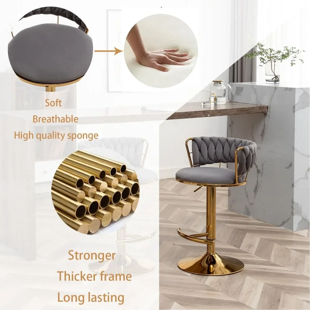 Gold Velvet Bar Stools Set of 4, Counter Height Bar Stools with Low Back, Swivel Stool for Kitchen Island, Bar Pub (Grey) image 4