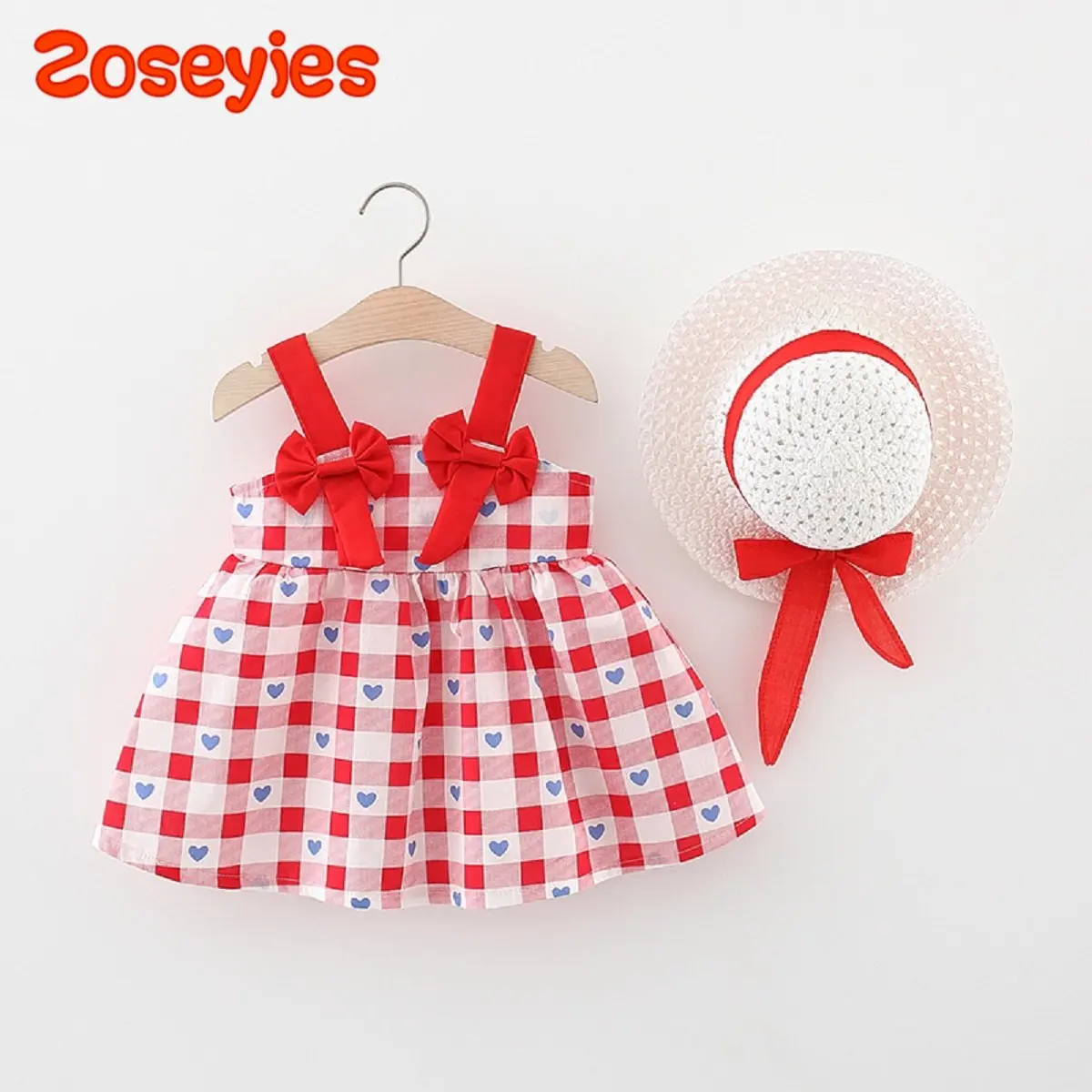 Summer Baby Girl Dress Love Plaid Bow Strap Skirt With Hat Princess Skirt