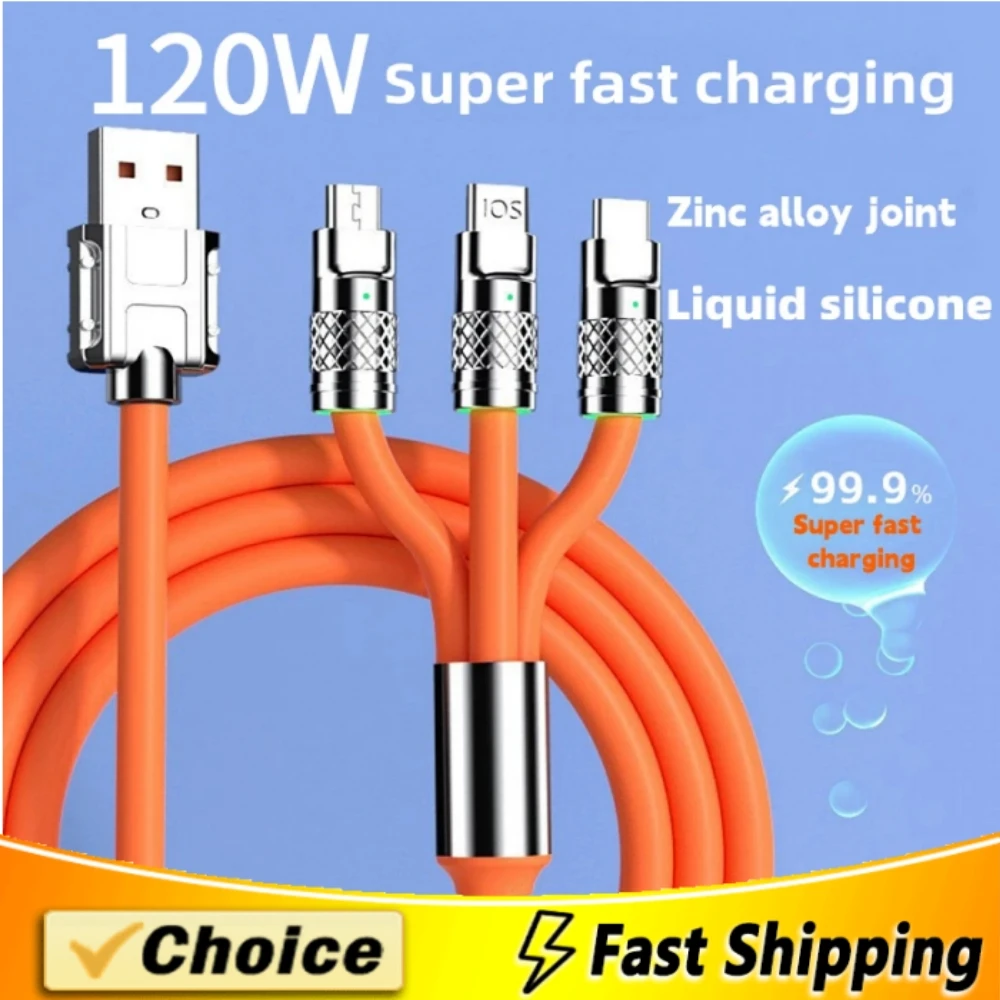 6A 120W 3in1 2in1 USB Fast Charger Cable For iPhone 14 Micro USB Type-C 8-Pin Charging Cable For Huawei Samsung Xiaomi Wire Cord