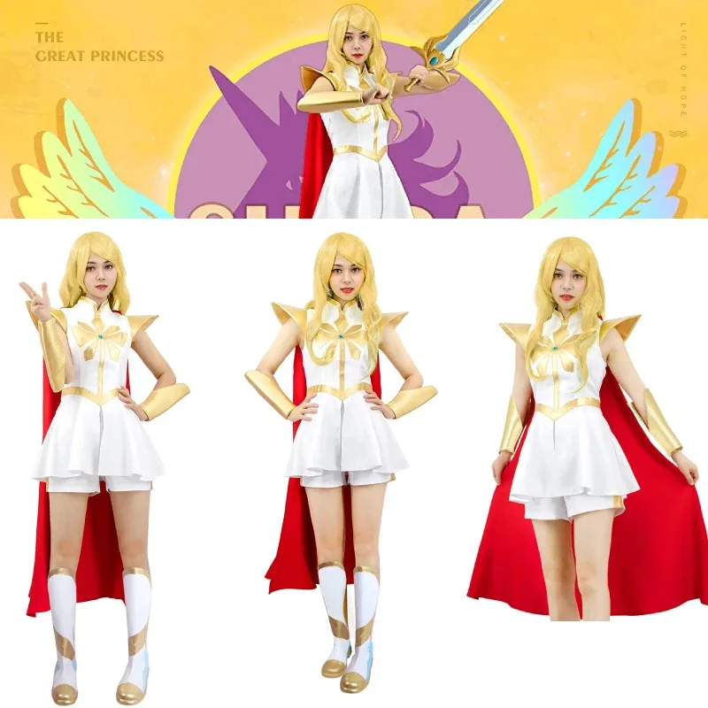 She Ra Cosplay Costume Power Princess She Ra Cosplay Dress With Red Cloak White Dress Uniform Set Women Carnival Party Costumes