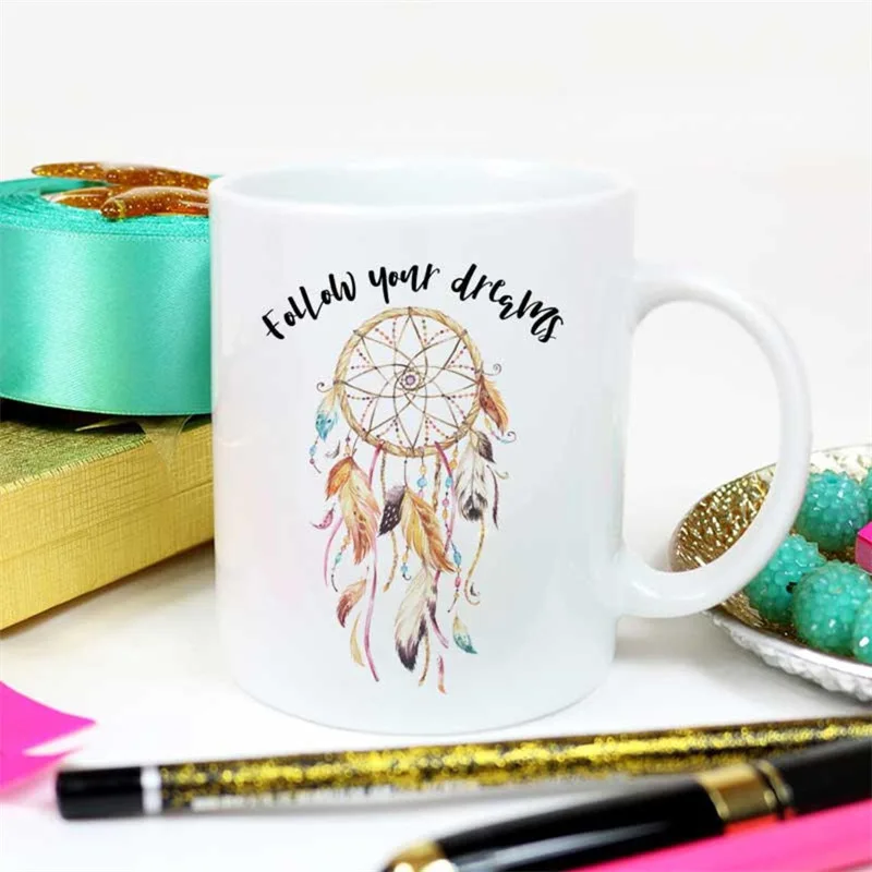 European and American cross-border Follow Your Dreams simple personality heat transfer ceramic mug breakfast milk cup