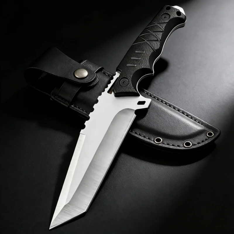 Fixed Blade Knife G10 Handle Tanto Point Serrated Edge Leather Sheath Outdoor Camping Hunting EDC Utility Collectible Knife