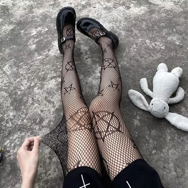 

Lolita Girls Cute Pentacle Print Tights Women Sexy Gothic Punk Magical Five-Pointed Star Mesh Fishnets Pantyhose Body Stockings