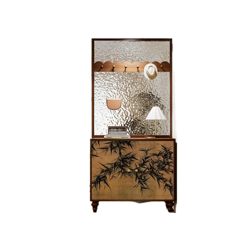 

Retro entrance cabinet Solid wood water pattern glass entry door Screen partition Living room storage Shoe cabinet