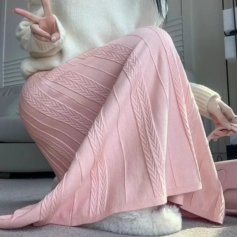 Nueva llegada de las mujeres Otoño/Invierno 2024 de cintura alta de longitud media Petite falda de punto vestido largo Cable tejido Material de lana