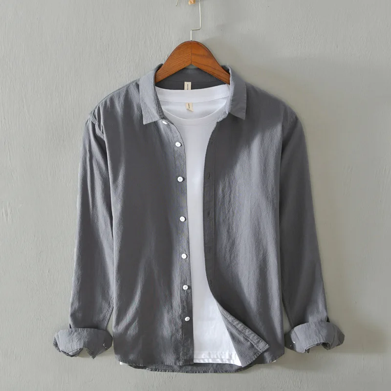 

Men's Japanese Minimalist Literary Casual Oxford Cloth Shirt Retro Hong Kong Style Literary Print Long Sleeve Fashion Top