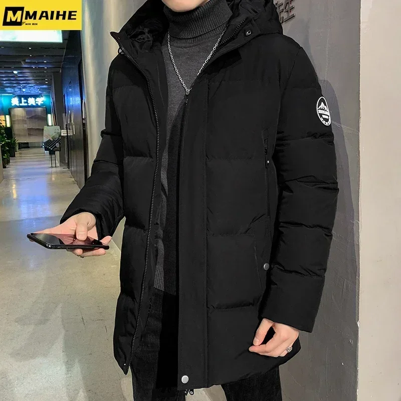 Manteau long rembourré léger pour hommes, veste de marque pour hommes, manteaux en coton chaud, vêtements à capuche monochromes, mode coréenne