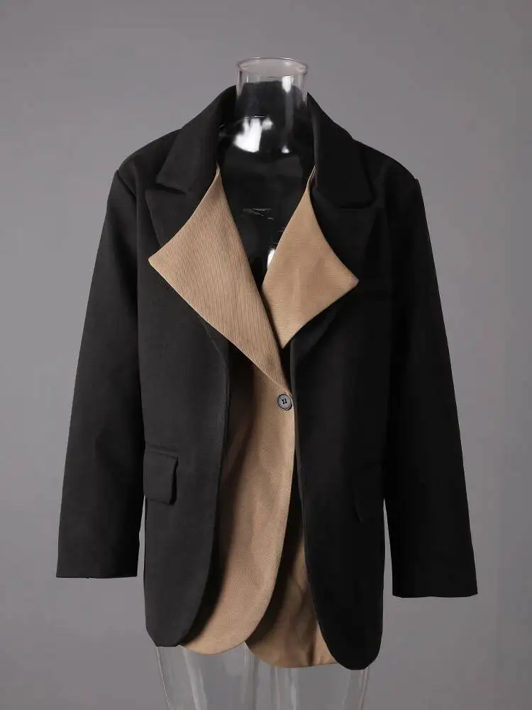 TLXT Fashion Women's Contrast Color Patchwotk Fake 2 Piece Blends Blazer Lapel Loose Single Button Suit Jacket Autumn New XK1513
