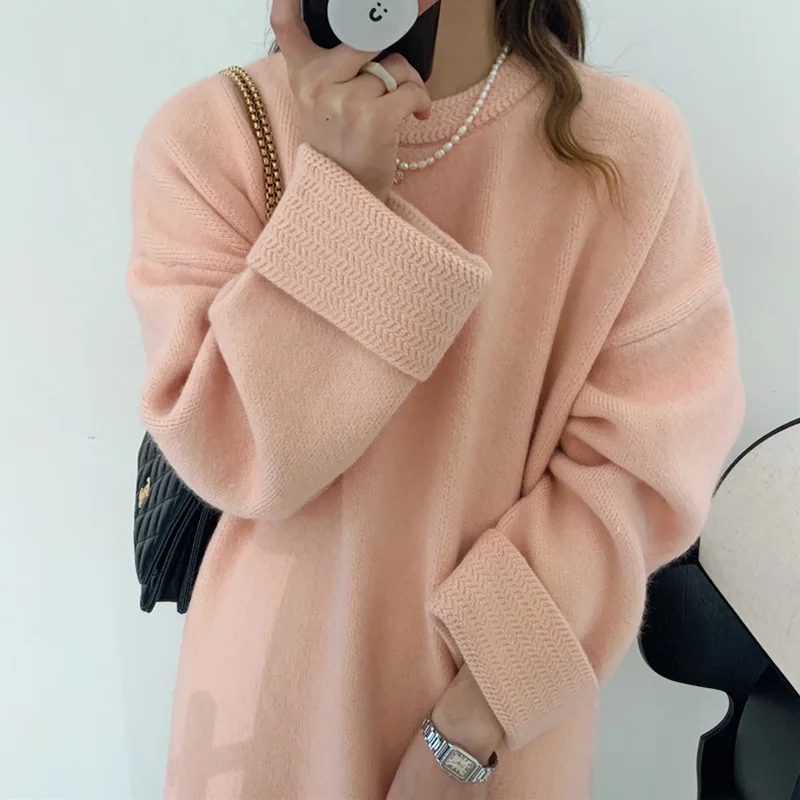 

Women Knitted Sweaters 2023 Autumn Winter Round Neck Loose Long Sleeved Knit Sweater Solid Color Knitwears Pullover Jerseys