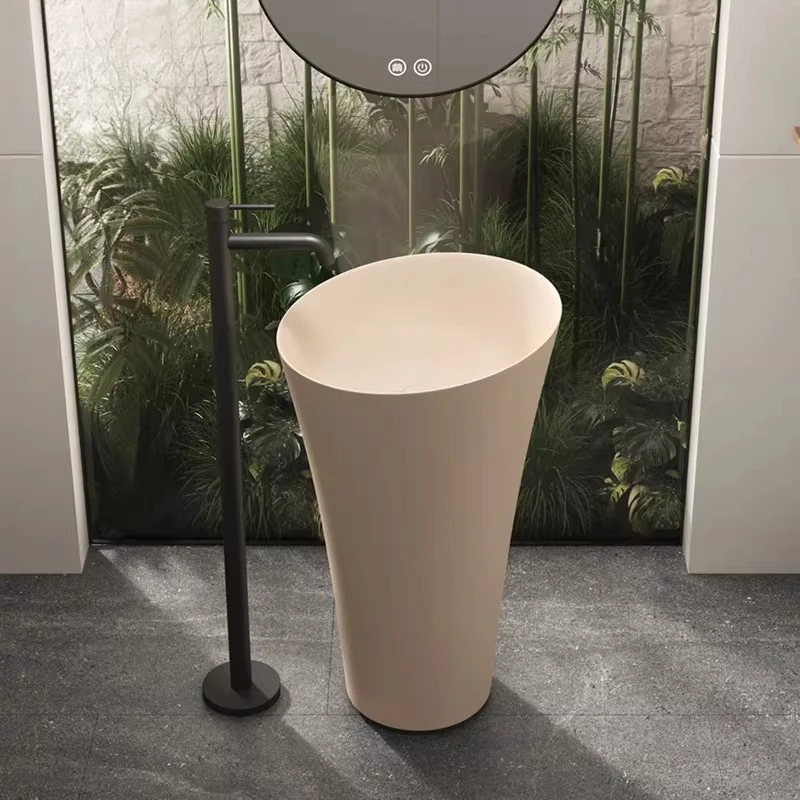 Round artificial stone wash basin, integrated floor-to-ceiling wash, household balcony, bathroom, column basin