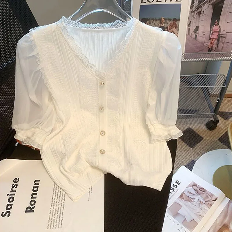 Summer Thin V-neck Bubble Sleeve Lace Tops Women Fashion Elegant Solid Short Sleeve T-shirt Lady French Chic Patchwork Cardigan